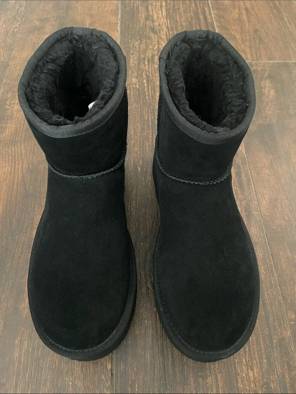 UGG Black Suede Platform Mini Shearling Winter Boots, size 9